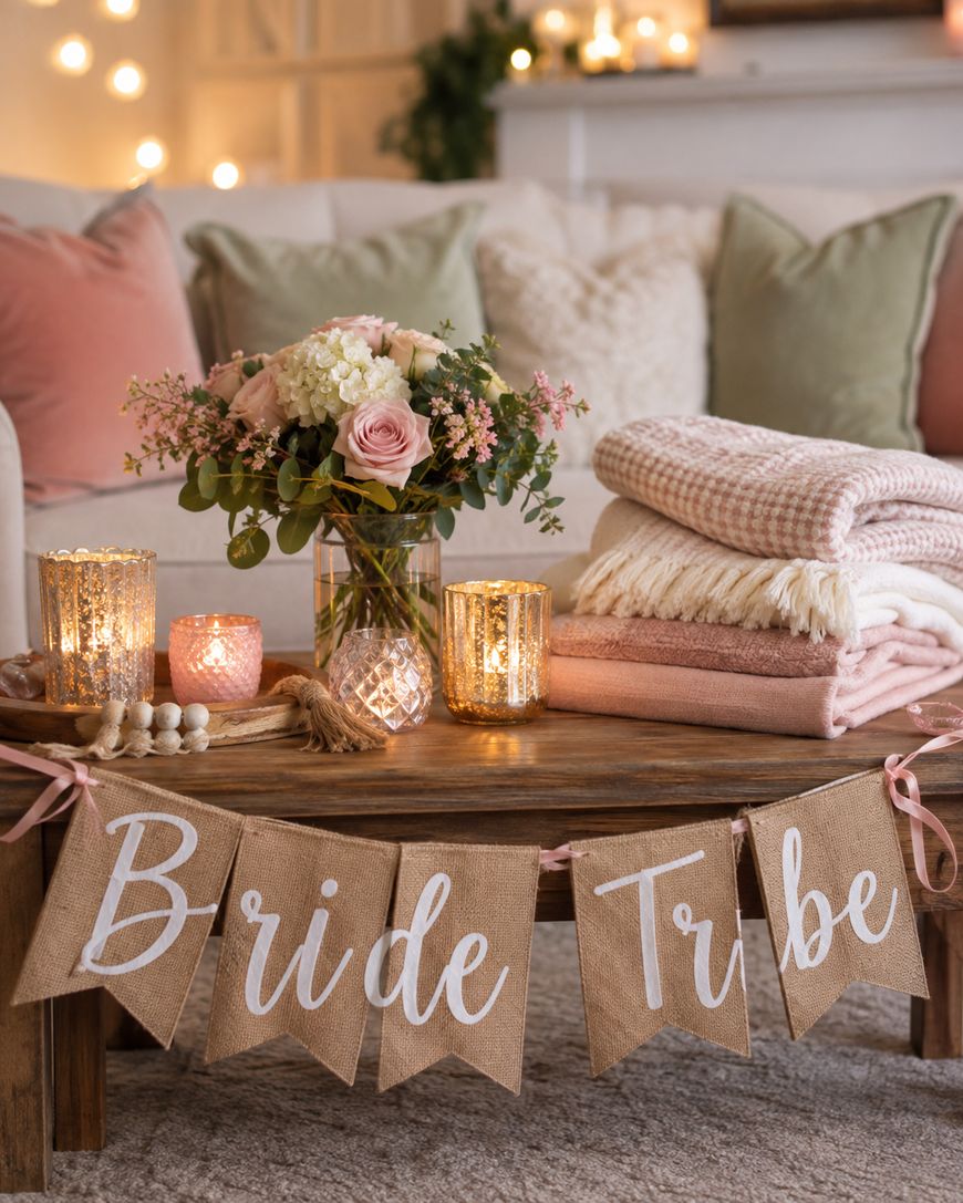 A cozy living room scene with a wooden table holding candles, a bouquet of flowers, folded blankets, and a Bride Tribe banner. Soft lighting and a white couch with pillows are in the background.