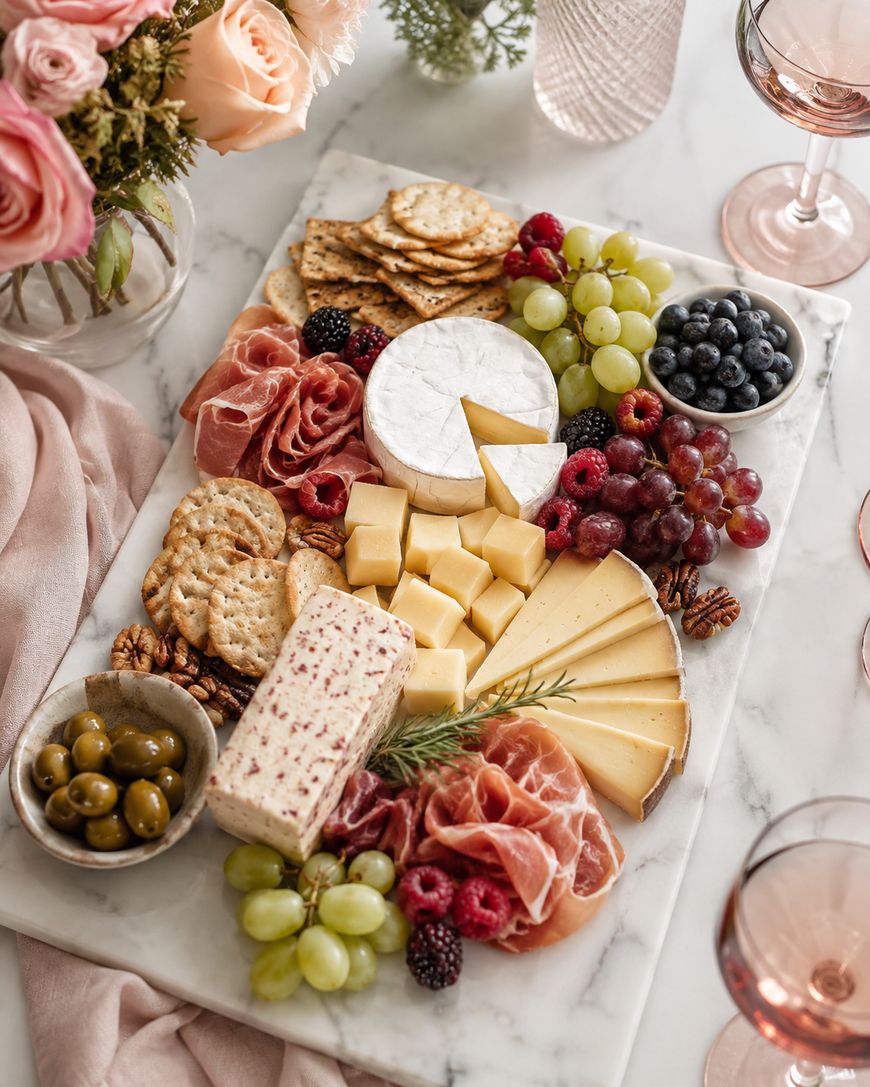 A marble platter with assorted cheeses, crackers, prosciutto, green and red grapes, olives, blackberries, raspberries, and blueberries, surrounded by pink flowers and glasses of rosé on a marble table.