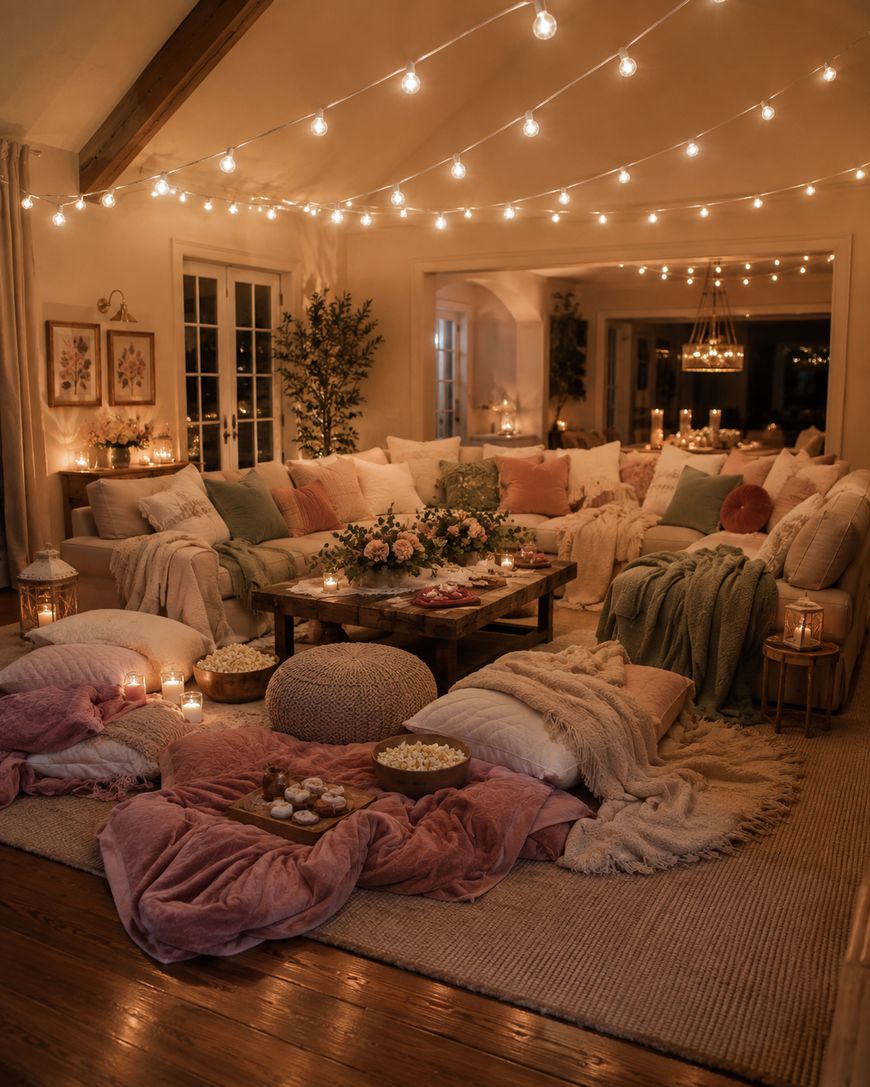 Cozy living room with string lights, plush sofas, soft blankets, pillows, low tables with flowers and snacks, candles, poufs, and popcorn bowls set up for a comfortable indoor gathering or movie night.