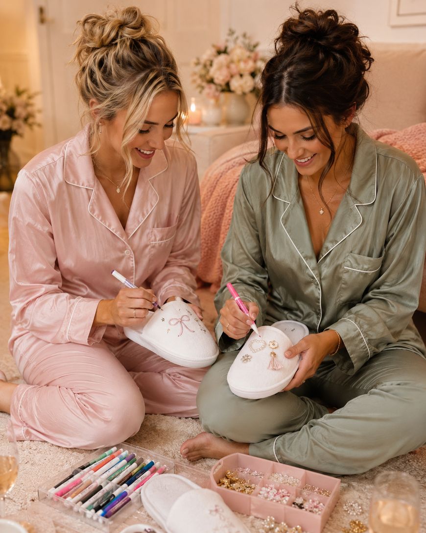 Two women in silk pajamas sit on the floor, smiling and decorating white slippers with colorful markers and beads. They are surrounded by craft supplies in a cozy, softly lit room.