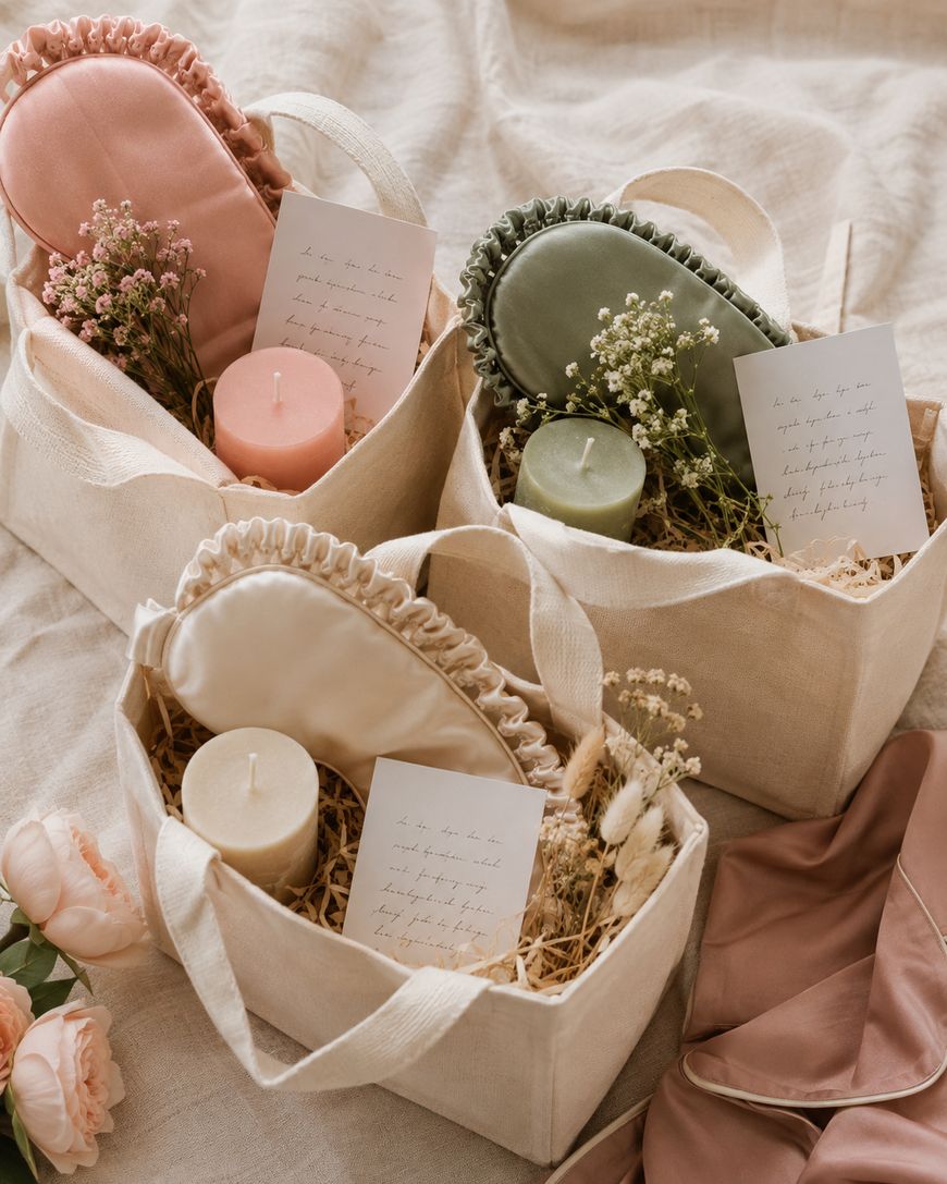 Three fabric gift bags contain eye masks, candles, dried flowers, and handwritten notes on a soft beige cloth. The eye masks are pink, green, and ivory. Pink roses and a pink sleep mask sit nearby.