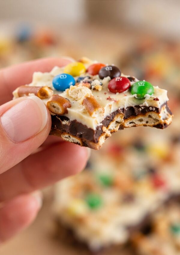 A hand holds a piece of chocolate bark topped with white chocolate, pretzels, and colorful candy-coated chocolates, with a bite taken out of it.