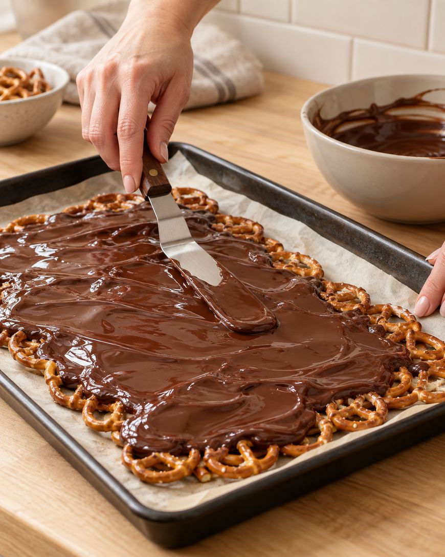 A hand spreads melted chocolate over a layer of pretzels on a baking sheet lined with parchment paper. Bowls of pretzels and melted chocolate sit nearby on a wooden counter.