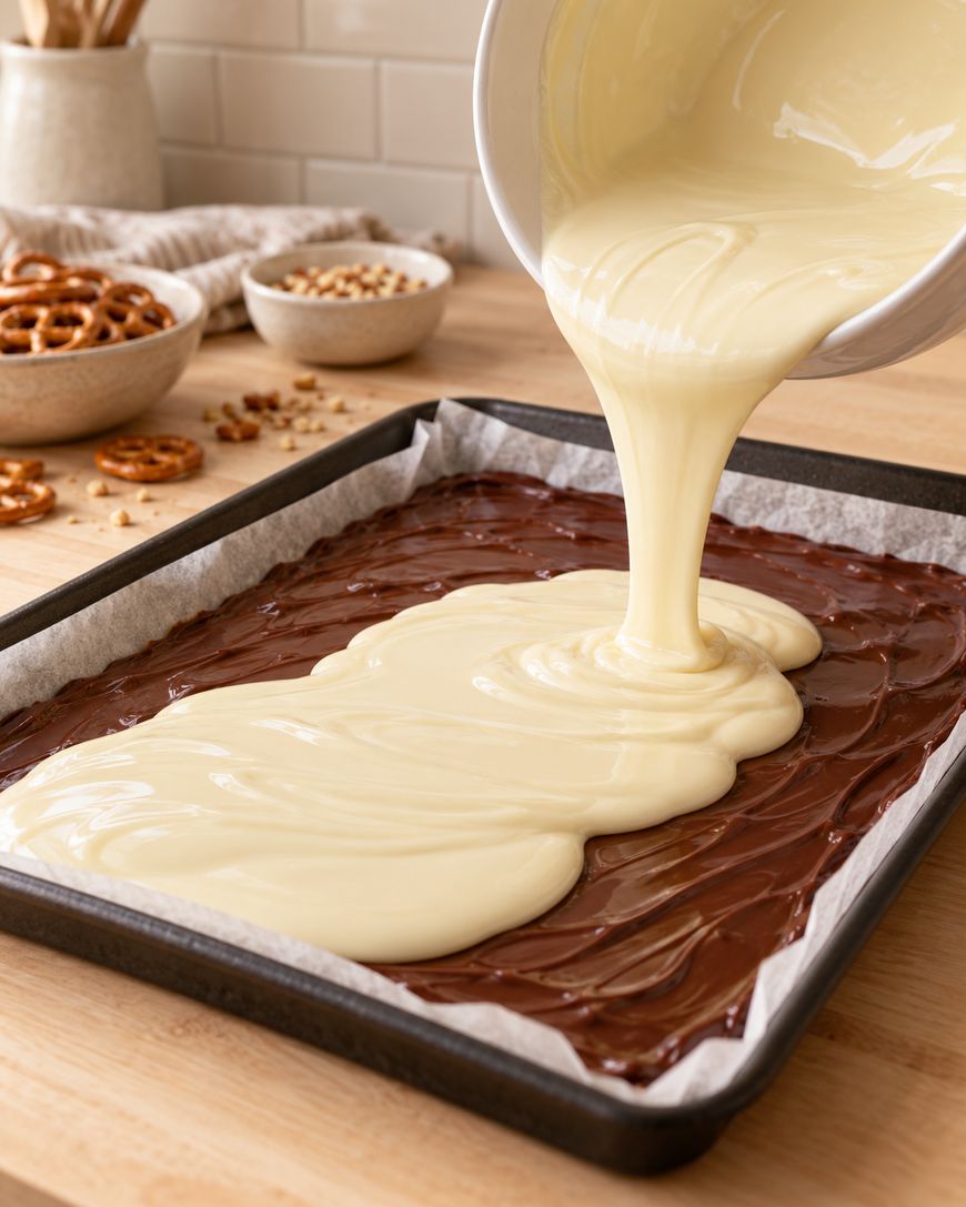 White chocolate is being poured over a layer of melted dark chocolate in a parchment-lined baking tray, with bowls of pretzels and nuts visible in the background on a wooden countertop.