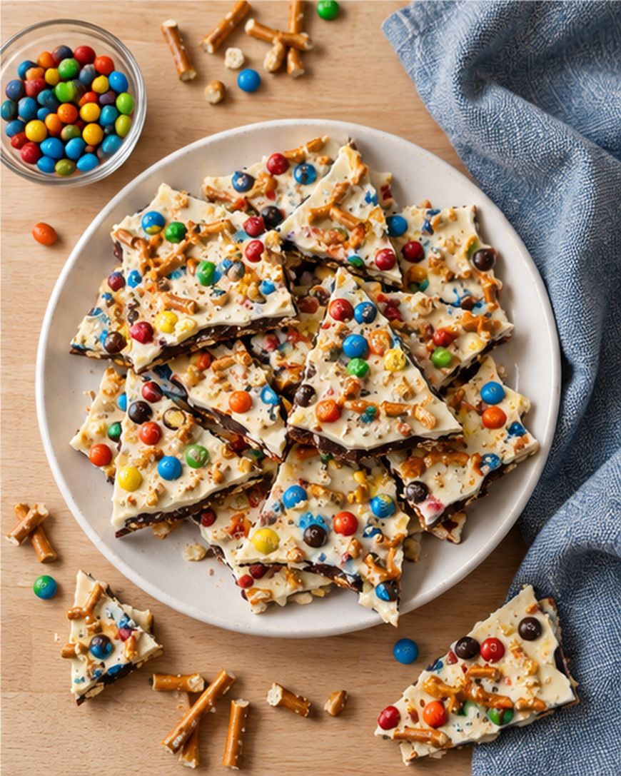 White chocolate bark pieces topped with colorful candy-coated chocolates and pretzel bits on a white plate. A bowl of candies and scattered pretzels are nearby on a wooden surface with a blue cloth.