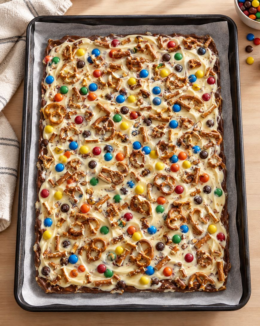 A baking sheet with bark topped with pretzels, colorful candy-coated chocolates, and white drizzle, on parchment paper with a striped towel and a small bowl of candy nearby.