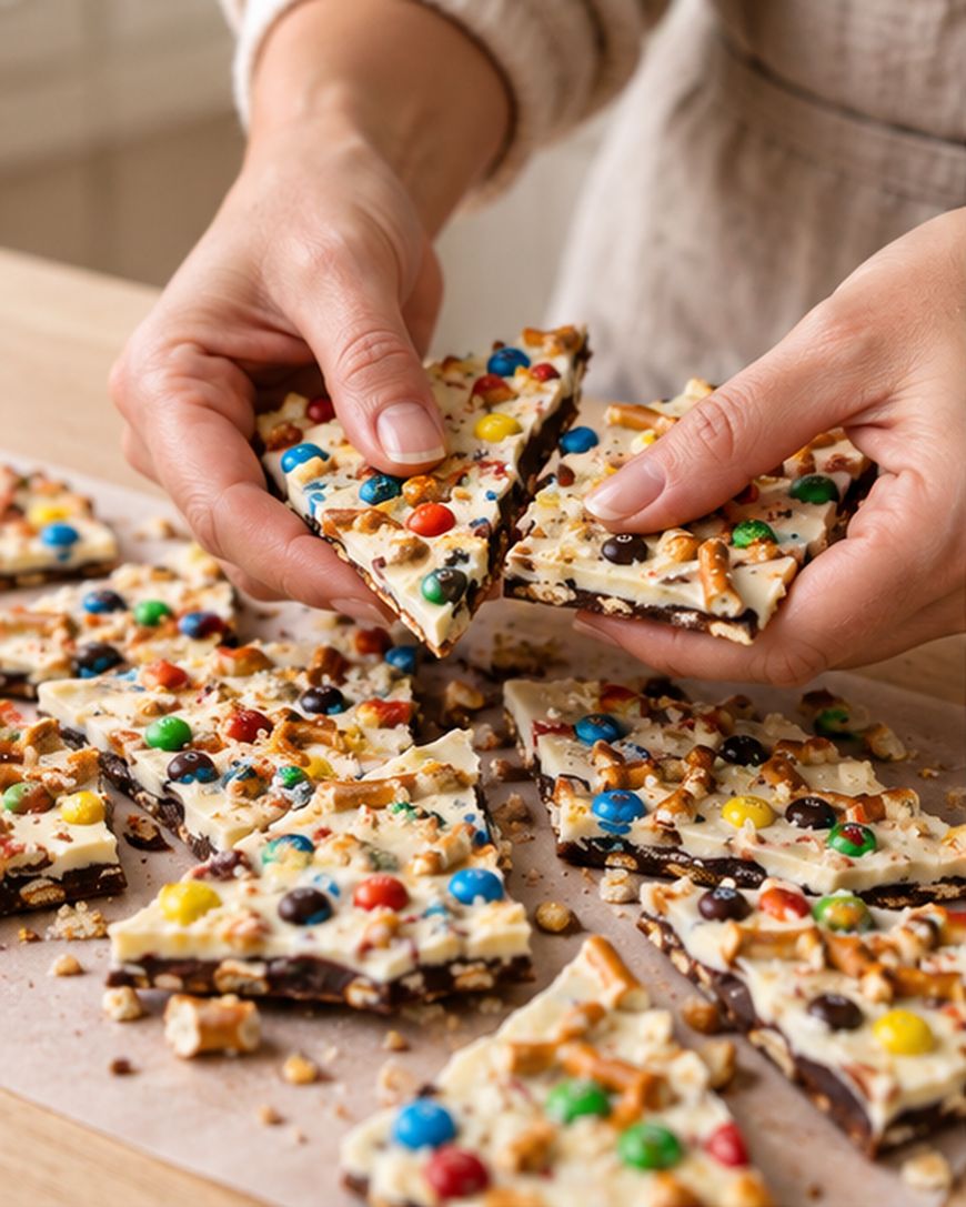 Hands breaking a piece of chocolate bark topped with colorful candy-coated chocolates and pretzel bits, with more pieces on parchment paper below.