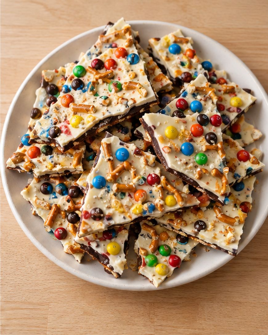 A plate of broken white chocolate bark topped with colorful candy-coated chocolates, pretzel pieces, and sprinkles, arranged on a light wooden surface.