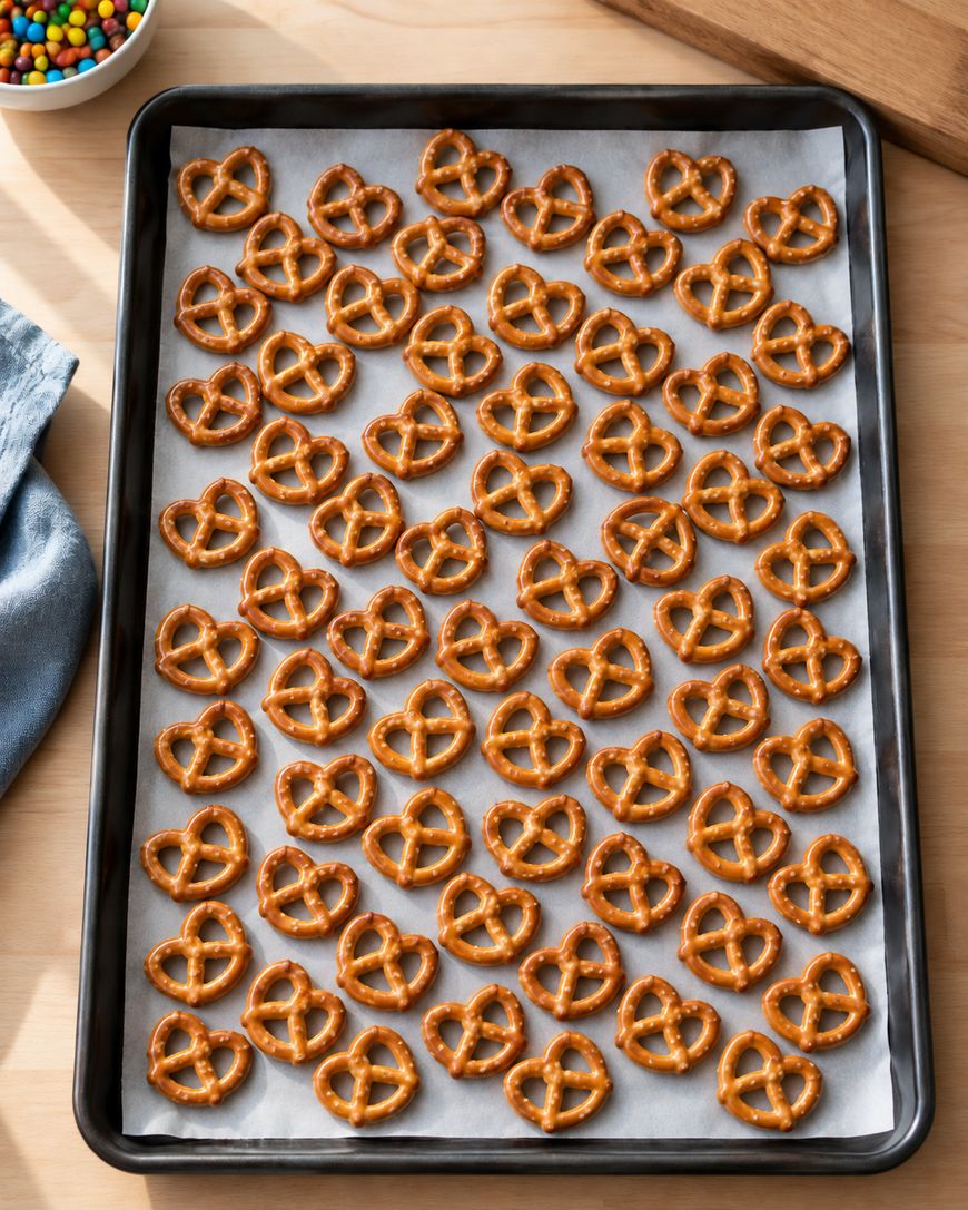 A baking sheet lined with parchment paper is covered with rows of small pretzels. Theres a blue napkin and a bowl of colorful candies in the background on a wooden surface.
