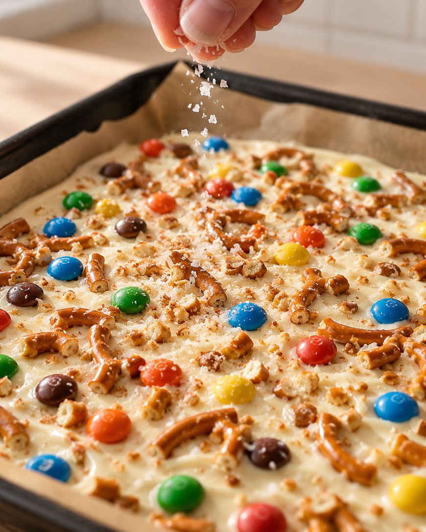 A hand sprinkles salt over a baking tray filled with unbaked blondie batter topped with colorful candy-coated chocolates and pretzel pieces.