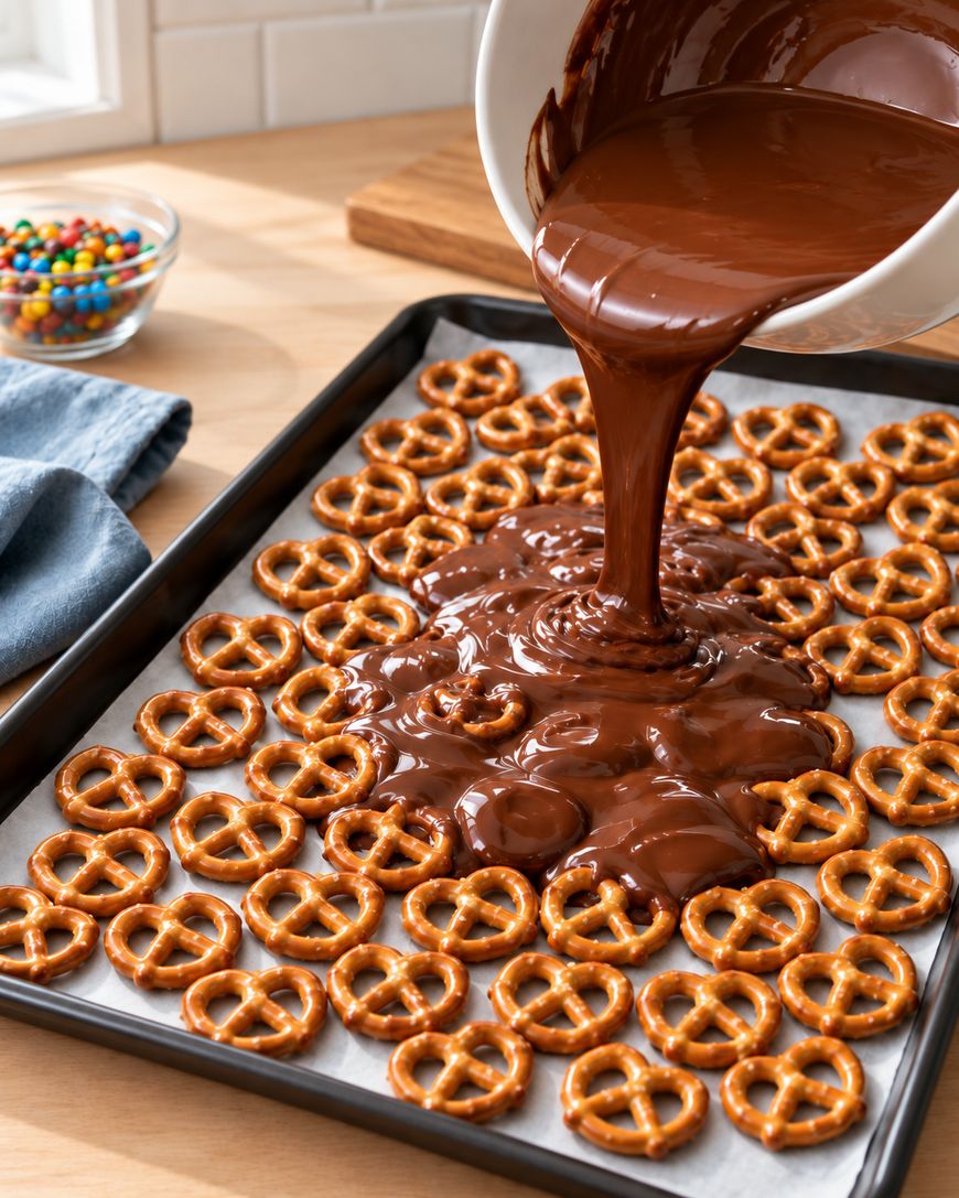 A baking tray lined with pretzels is being covered in melted chocolate, poured from a white bowl. A small bowl of colorful candies sits in the background.