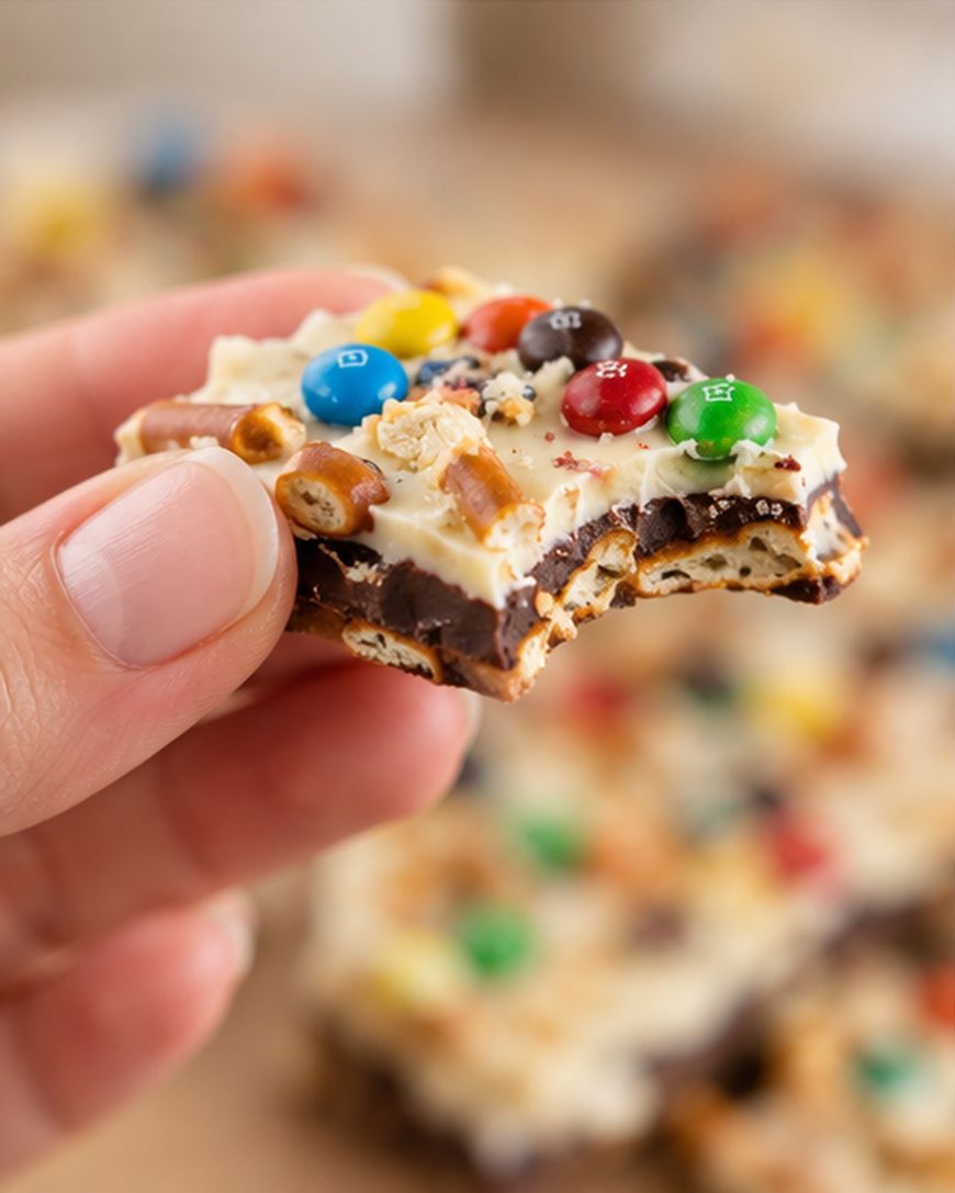 A hand holds a piece of chocolate bark topped with white chocolate, pretzels, and colorful candy-coated chocolates, with a bite taken out of it. Blurred similar treats appear in the background.