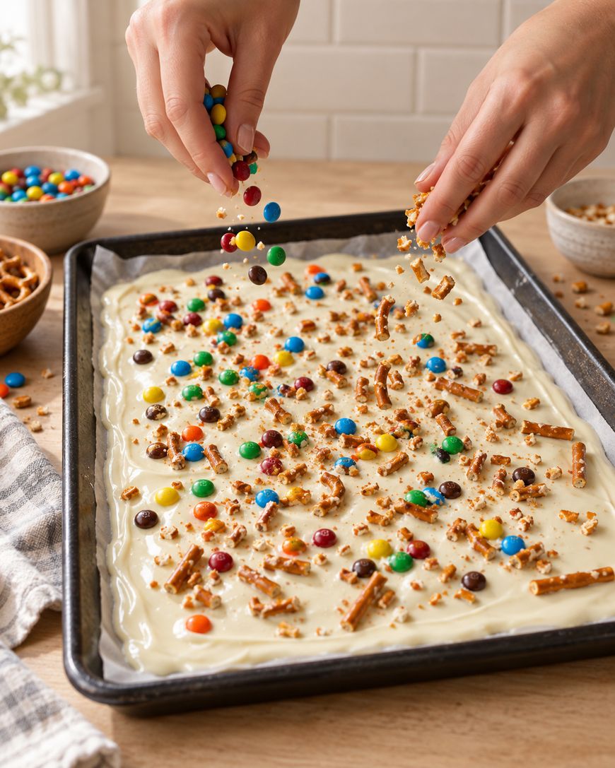 Hands sprinkle colorful candy-coated chocolates and crushed pretzels over a baking sheet covered in white melted chocolate, with bowls of pretzels and candies in the background on a wooden surface.