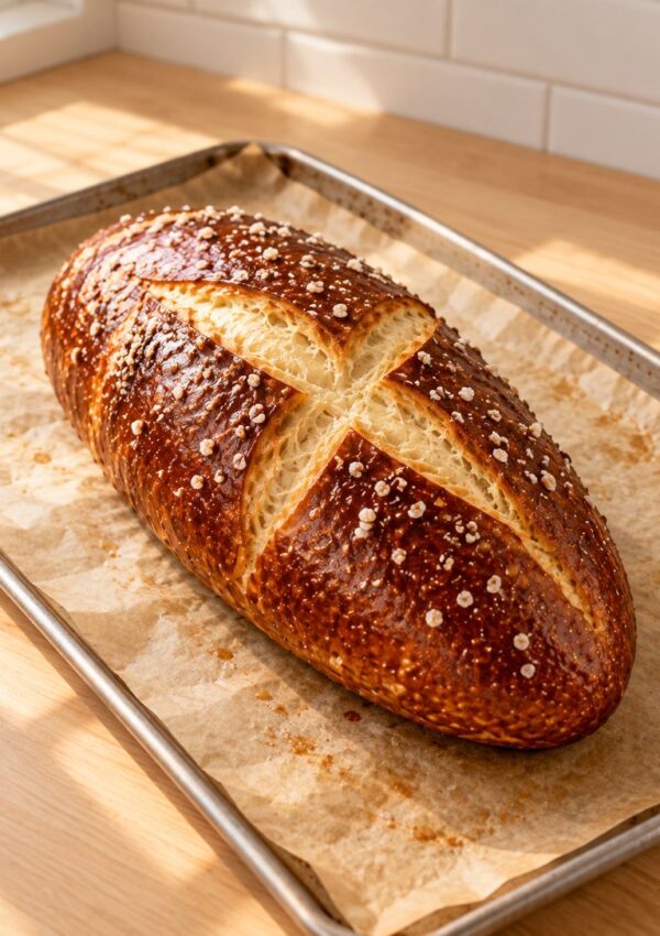 A golden-brown loaf of bread with a crisp crust and sprinkled oats sits on parchment paper atop a baking tray, in a sunlit kitchen.