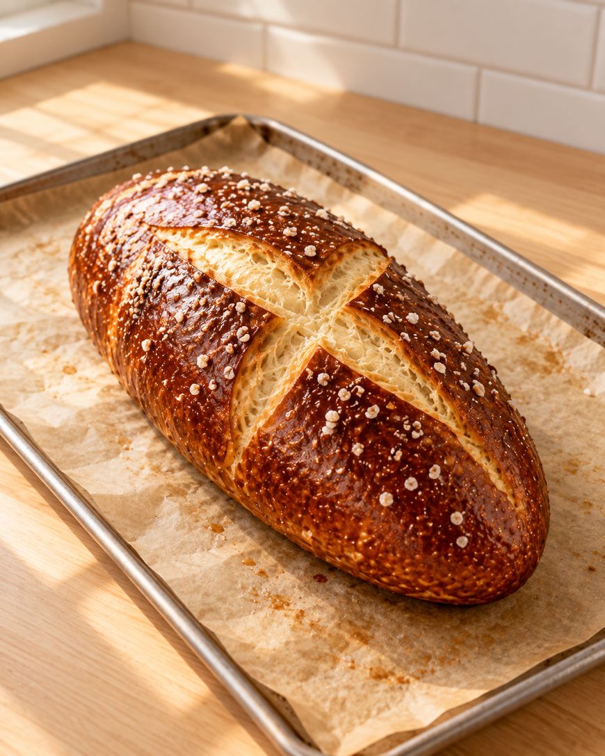 A golden-brown loaf of bread with a crisp crust and sprinkled oats sits on parchment paper atop a baking tray, in a sunlit kitchen.