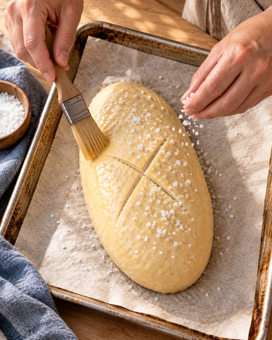 A person sprinkles coarse salt and brushes egg wash onto an unbaked loaf of bread with a scored top, placed on parchment paper on a baking sheet.