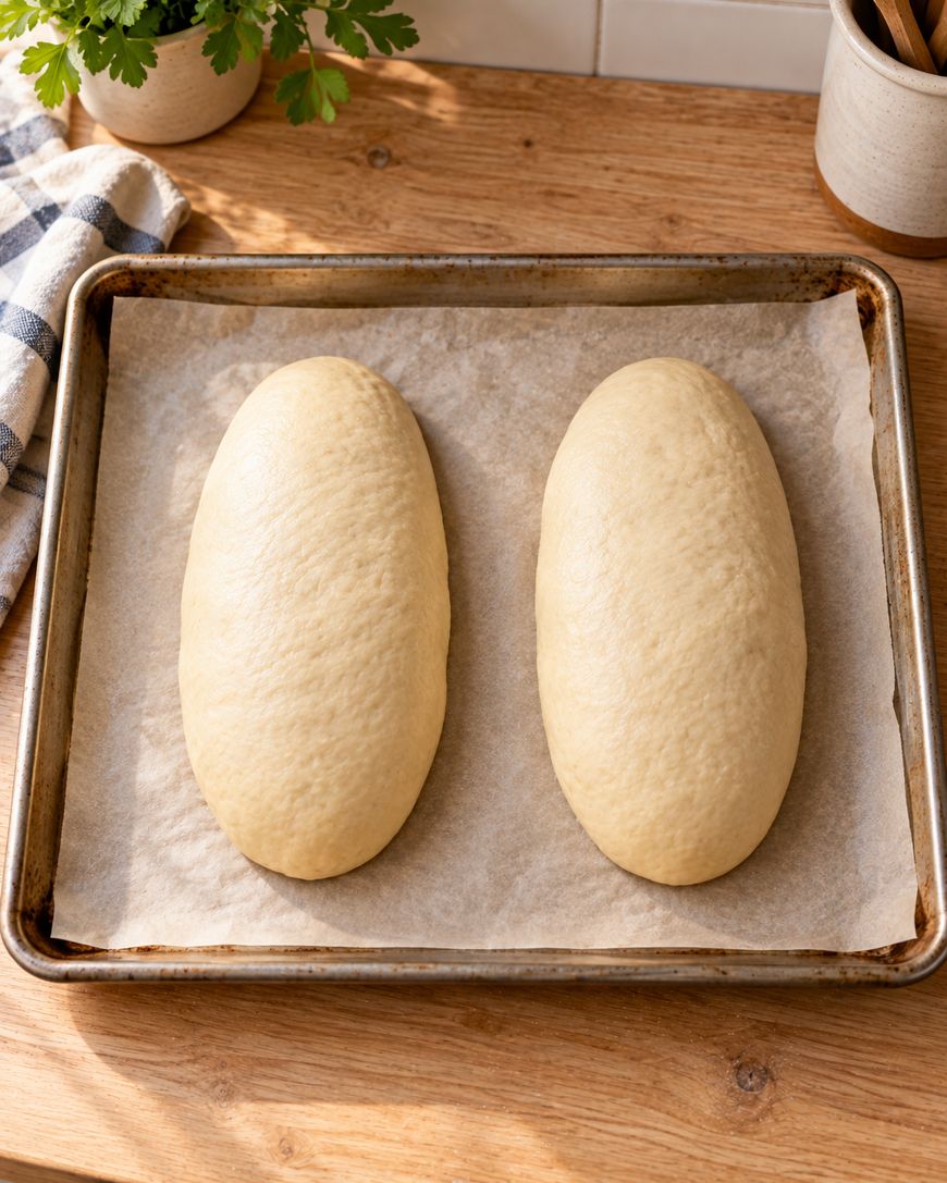 Two oval-shaped loaves of bread dough are proofing on a parchment-lined baking sheet on a wooden countertop in a kitchen setting.