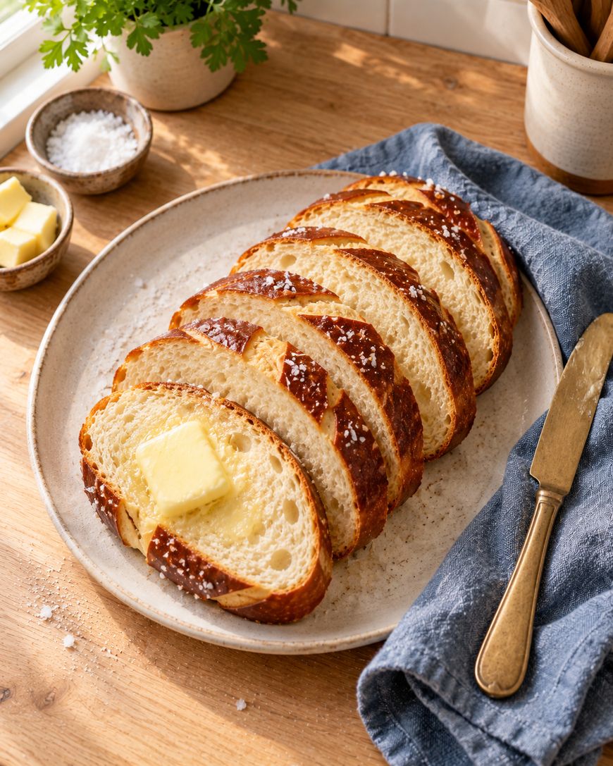 A plate with six slices of fresh bread, one topped with a pat of butter. A butter knife, salt, more butter, and a potted plant are nearby on a wooden table with sunlight streaming in.