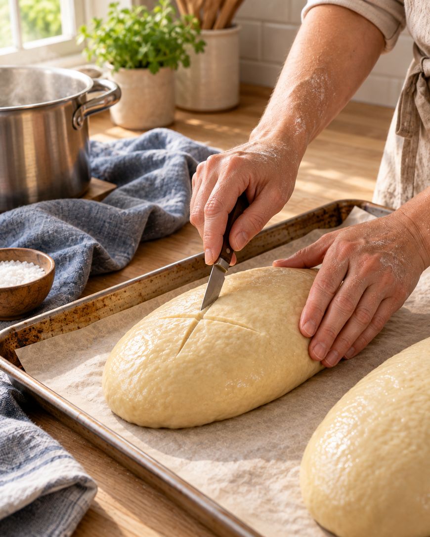 A person scores a loaf of unbaked bread dough with a knife on a parchment-lined baking tray in a bright kitchen. A pot, towel, and small bowl of salt are nearby.
