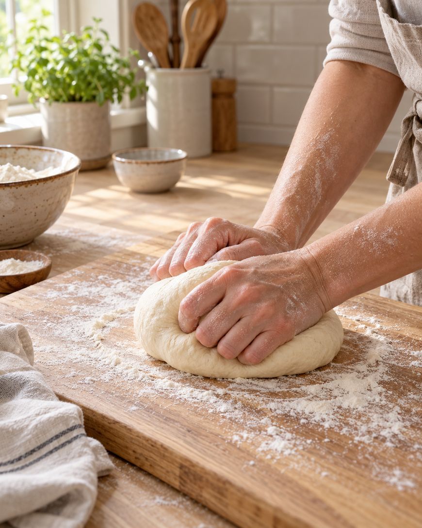 Hands kneading dough on a floured wooden surface in a bright kitchen, with bowls, a towel, and a potted plant in the background.