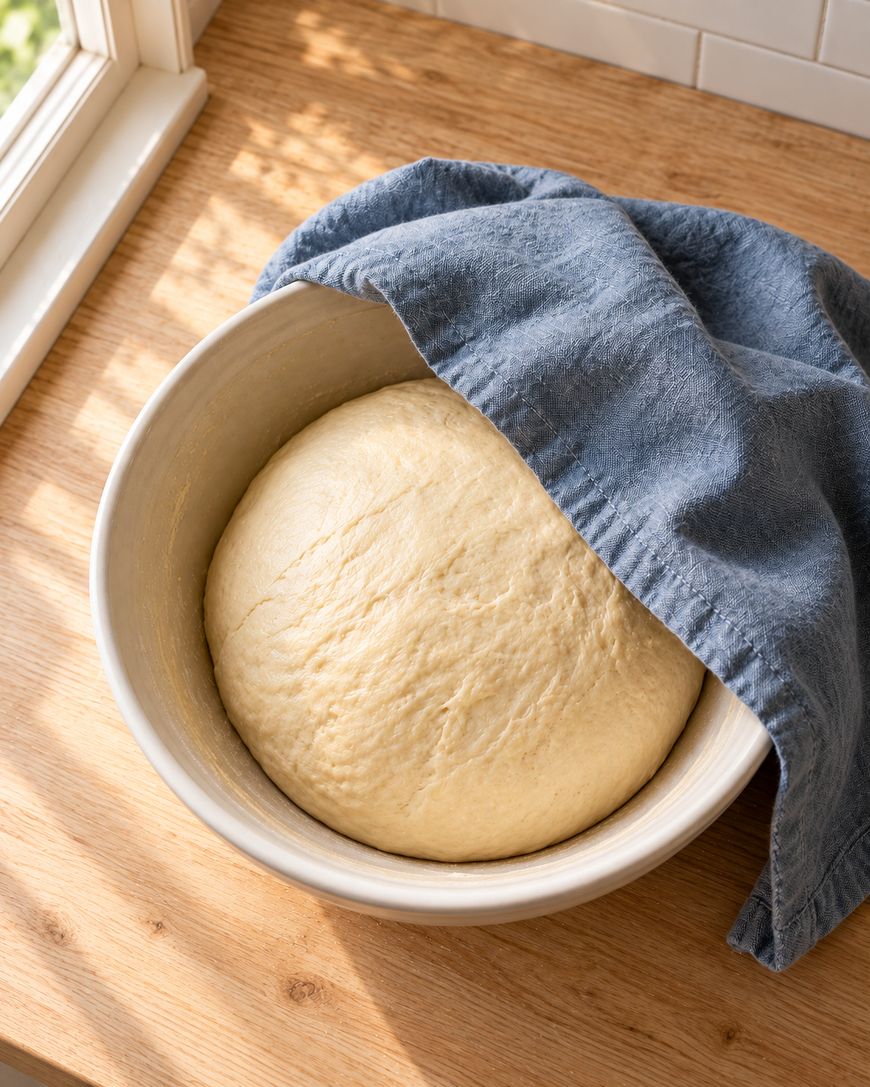 A bowl of risen dough covered partially with a blue cloth sits on a wooden countertop near a sunlit window.