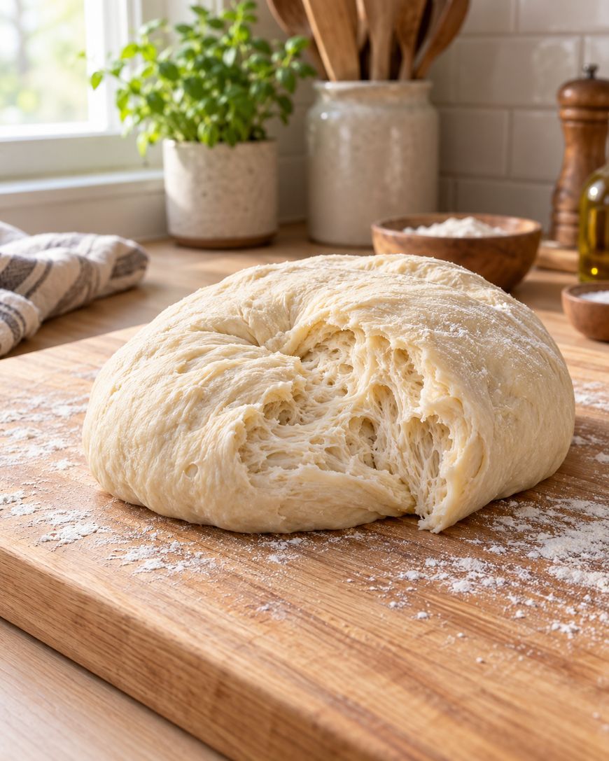 A ball of raw bread dough rests on a floured wooden cutting board in a bright kitchen, with kitchen utensils, a plant, and other ingredients visible in the background.