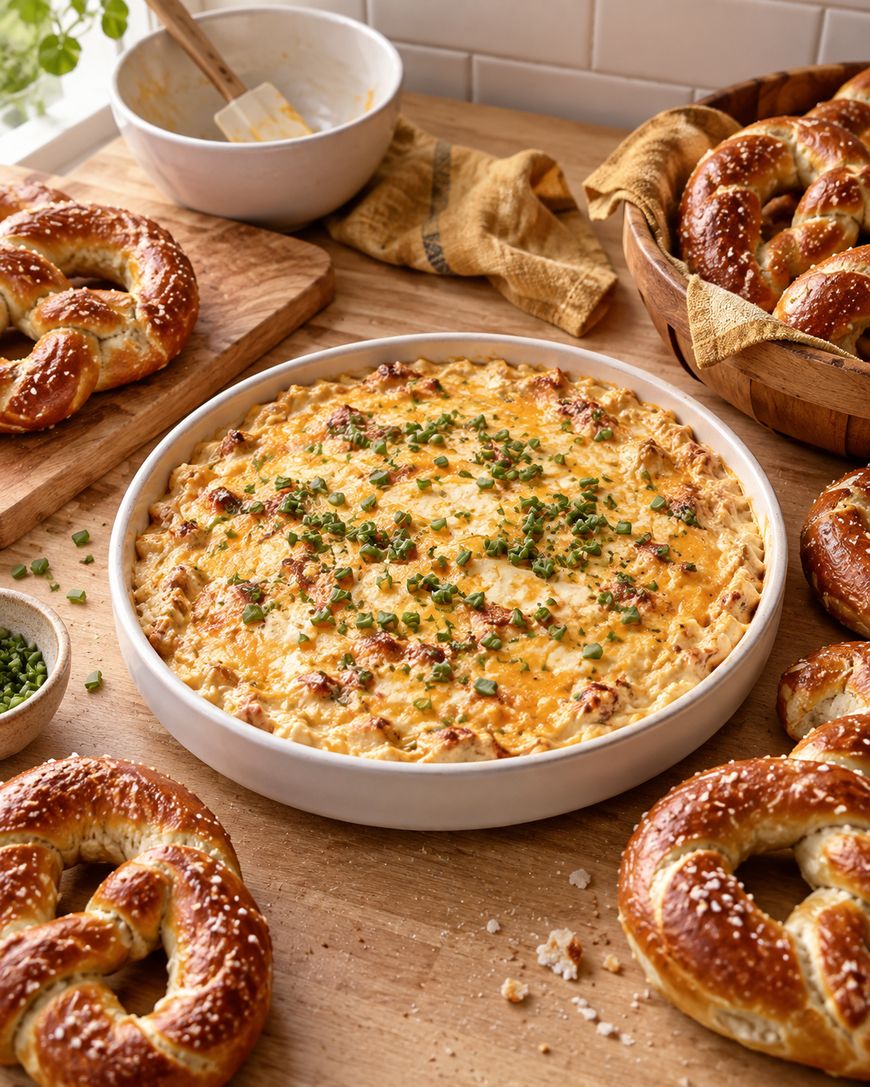 A round dish of cheesy dip topped with chives sits on a wooden table, surrounded by soft pretzels, a small bowl of chopped chives, and kitchen towels.