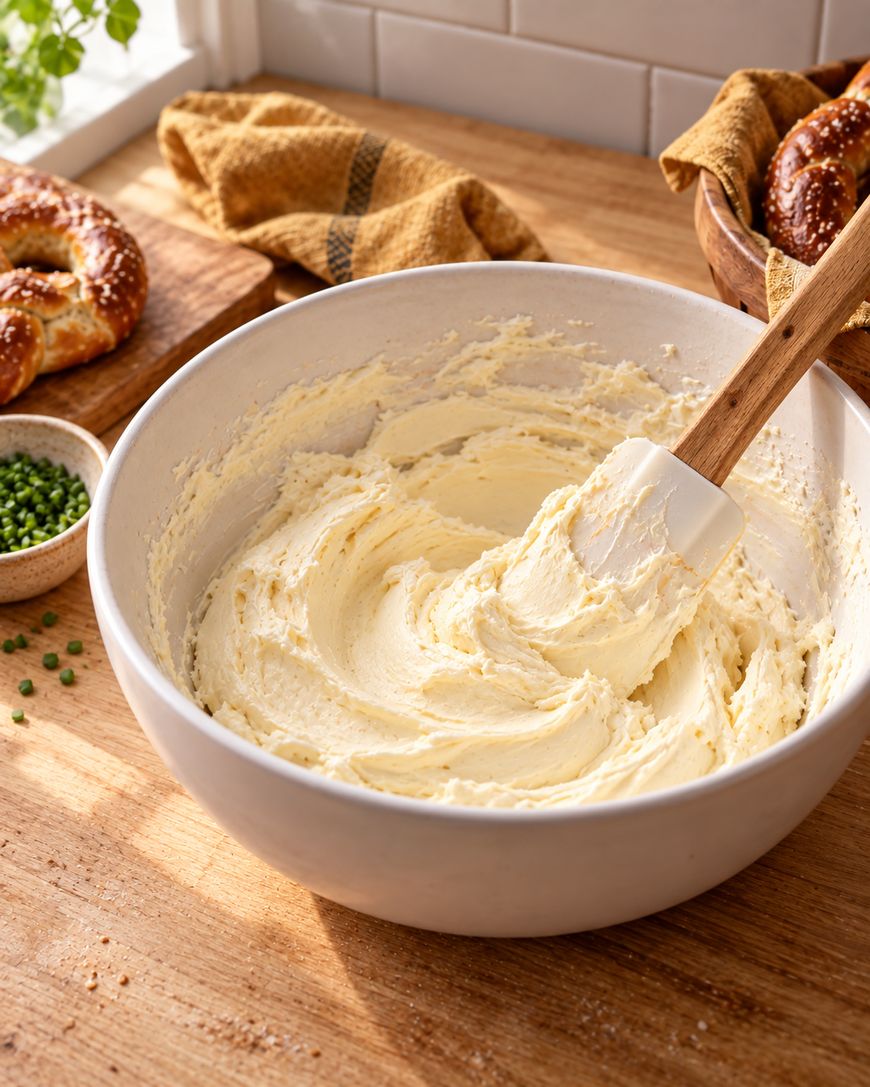 A large white bowl filled with whipped cream cheese and a white spatula sits on a wooden table, with pretzels, chives, and a brown towel in the background.