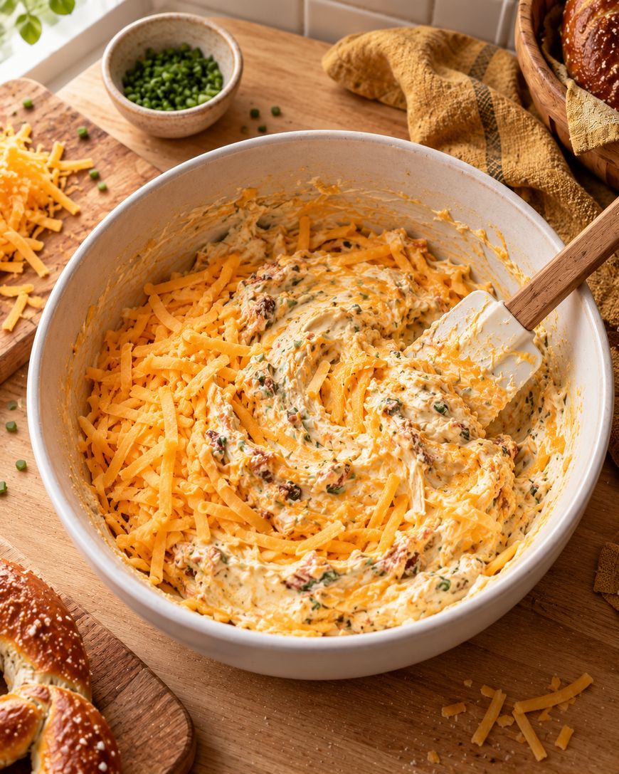 A bowl filled with a creamy cheese mixture being stirred with a spatula, surrounded by grated cheese, chopped chives, bread, and a pretzel on a wooden surface.
