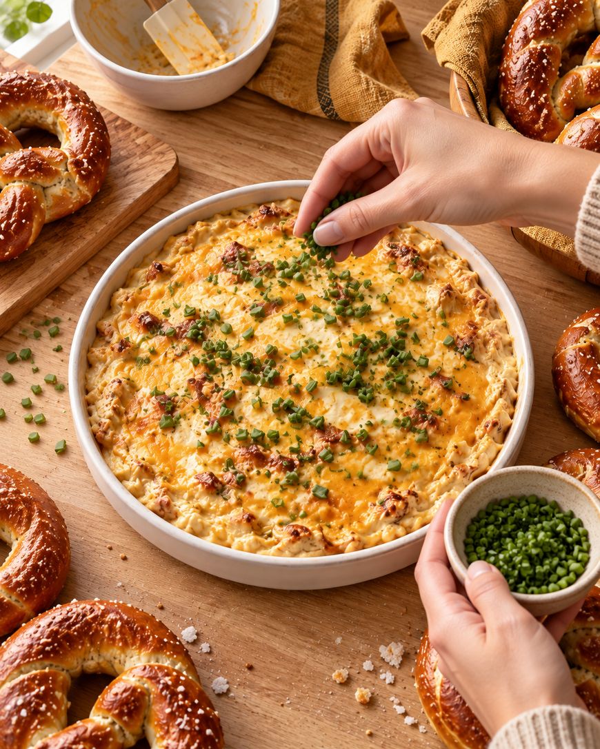 A person sprinkles chopped chives on a cheesy baked dip in a round dish, surrounded by soft pretzels on a wooden table.