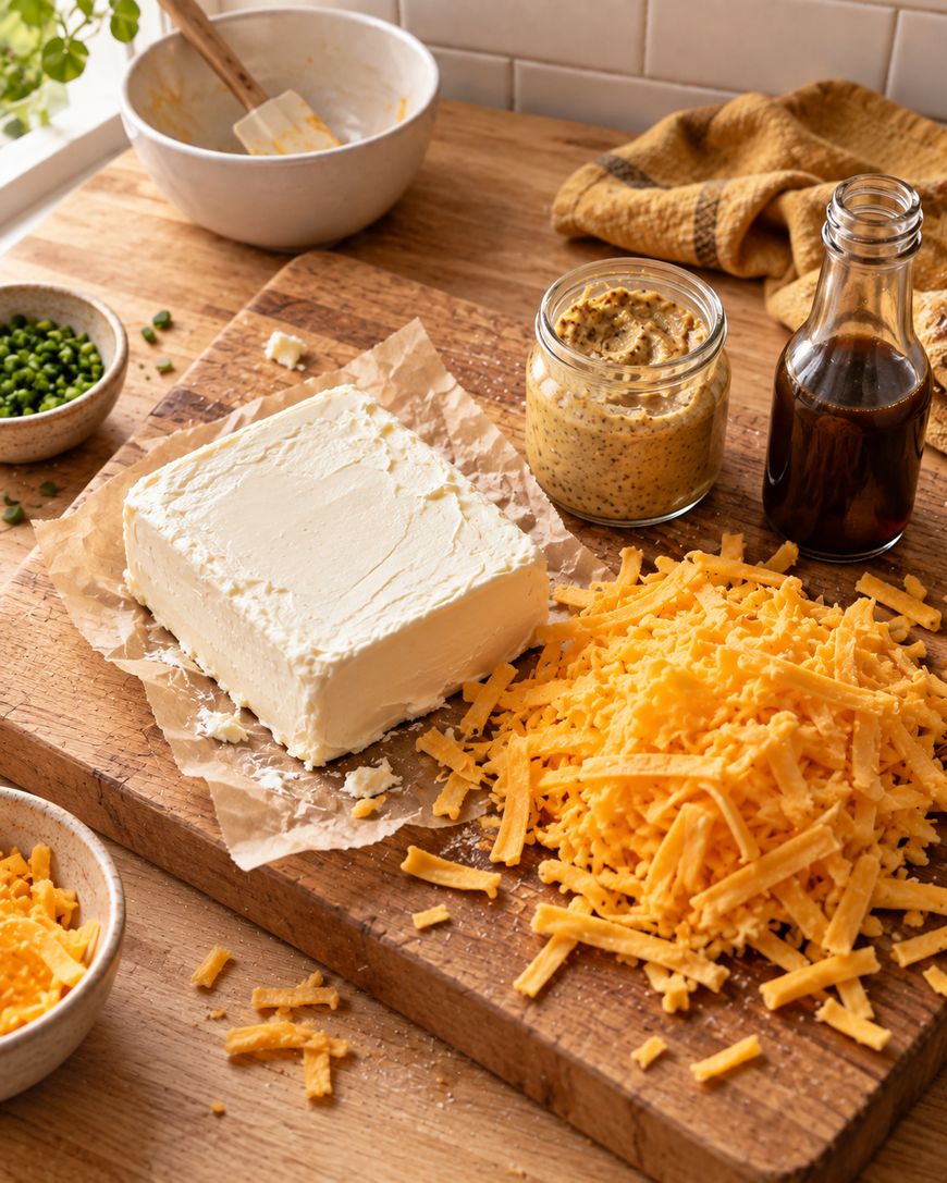 A block of cream cheese, shredded cheddar, mustard, and a bottle of Worcestershire sauce are on a wooden cutting board, with bowls of chopped chives and extra cheese nearby.