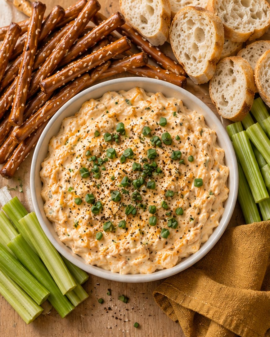A bowl of creamy dip topped with chives and pepper, surrounded by pretzel sticks, baguette slices, and celery sticks on a wooden surface with a gold napkin nearby.