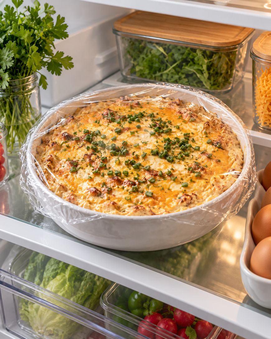 A large casserole topped with chopped herbs is covered in plastic wrap and placed on a refrigerator shelf surrounded by eggs, fresh vegetables, and jars of greens.