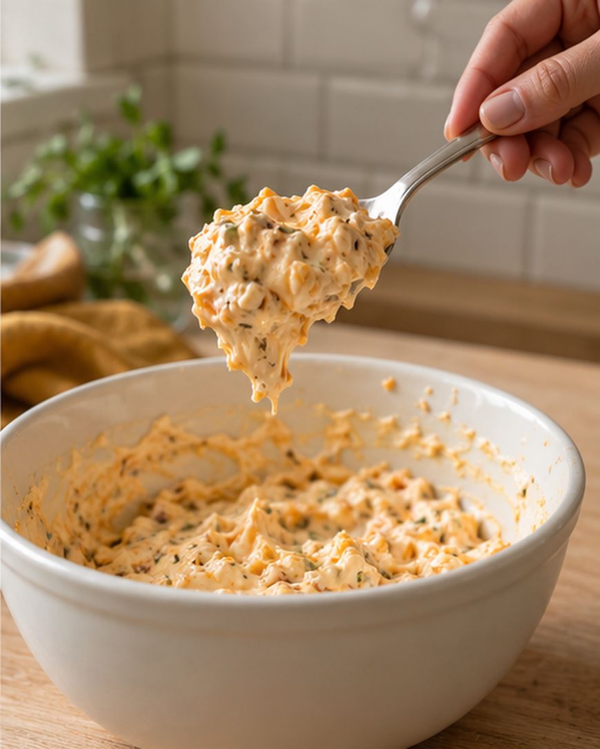 A hand holds a spoonful of creamy, orange-colored dip with herbs over a white mixing bowl filled with the same dip, set on a wooden countertop.