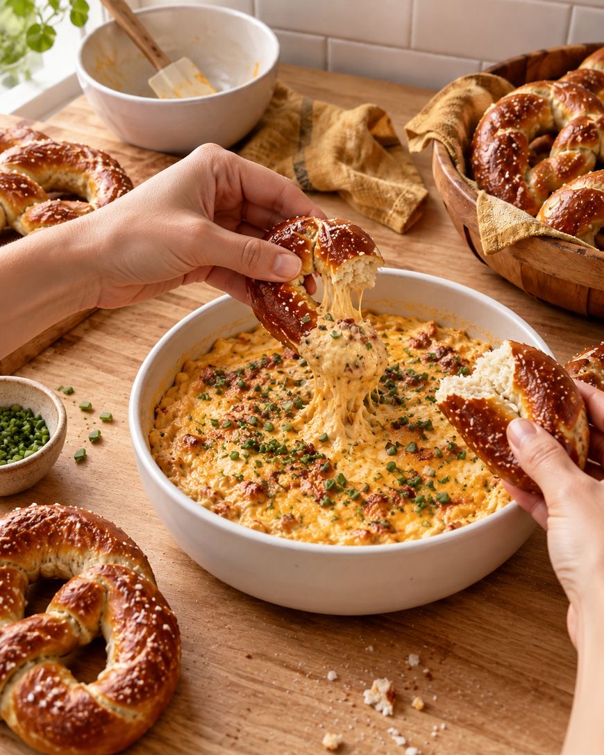 Hands dip soft pretzel pieces into a cheesy, baked dip topped with chives in a white bowl. Soft pretzels and a small bowl of chopped chives sit nearby on a wooden table.