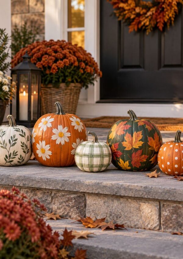 Five painted pumpkins with various fall designs sit on outdoor steps, surrounded by autumn leaves, mums, a lantern, and a wreath on a black door in the background.