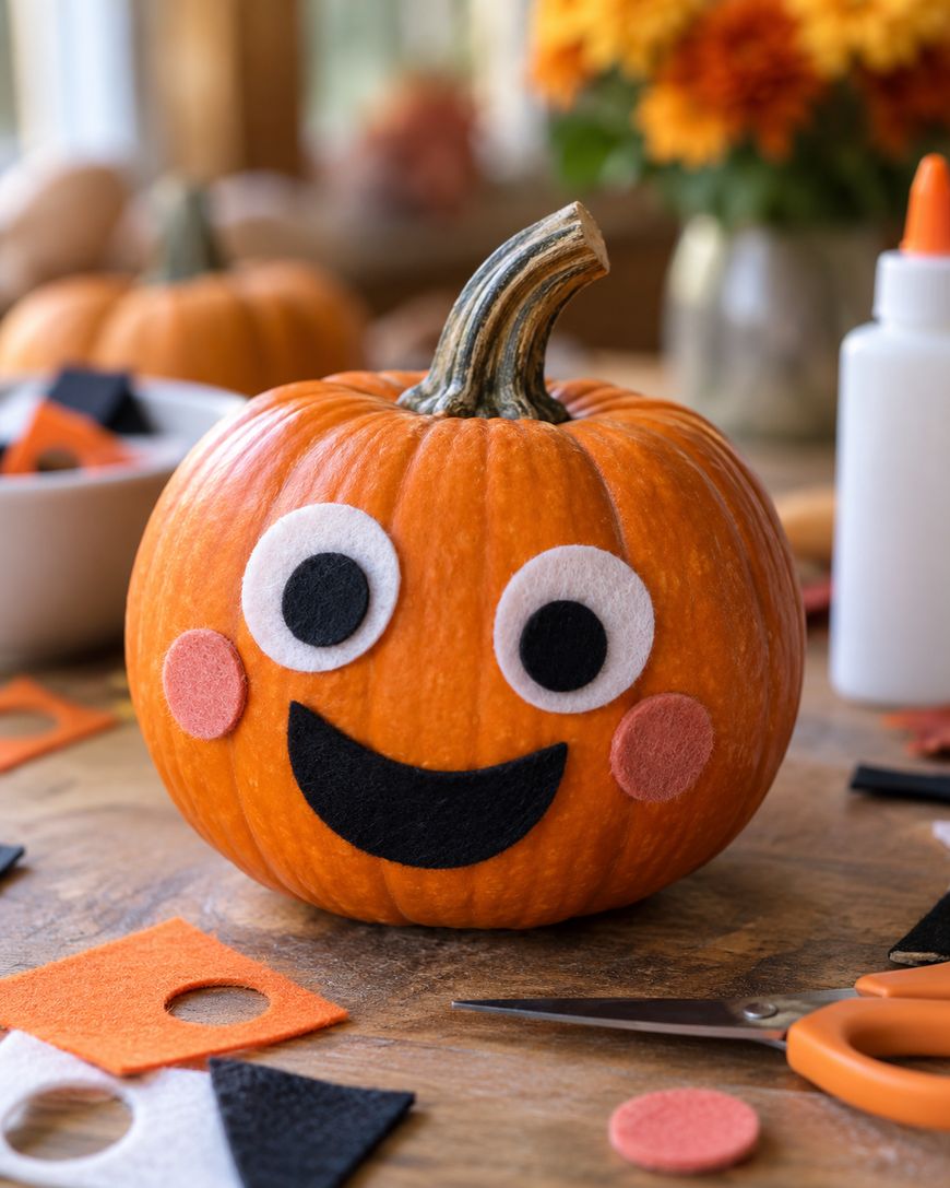 A pumpkin decorated with felt cutouts for big eyes, rosy cheeks, and a wide smile sits on a table with craft supplies like felt, scissors, and glue.