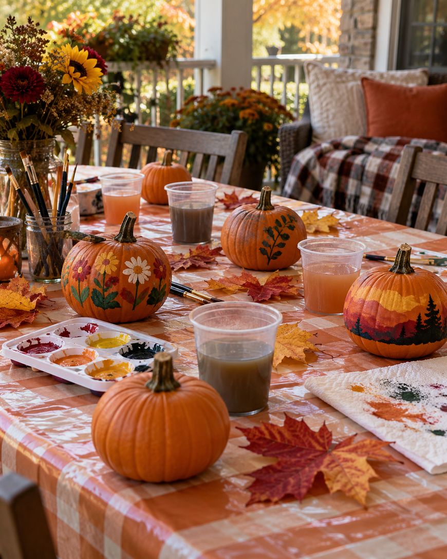 A table with painted pumpkins, paint supplies, drinks, and autumn leaves, set for a fall-themed pumpkin painting activity on a porch.