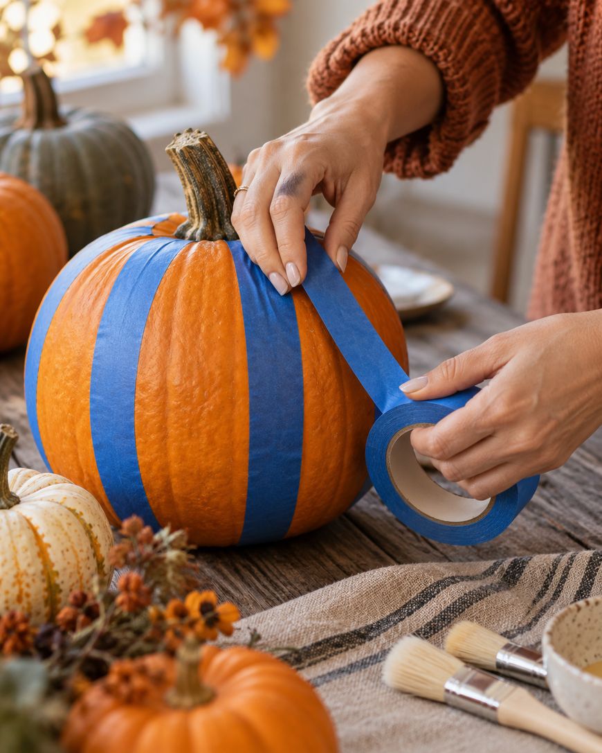 Person wrapping blue painters tape vertically around a pumpkin on a table decorated with pumpkins, flowers, and paintbrushes.