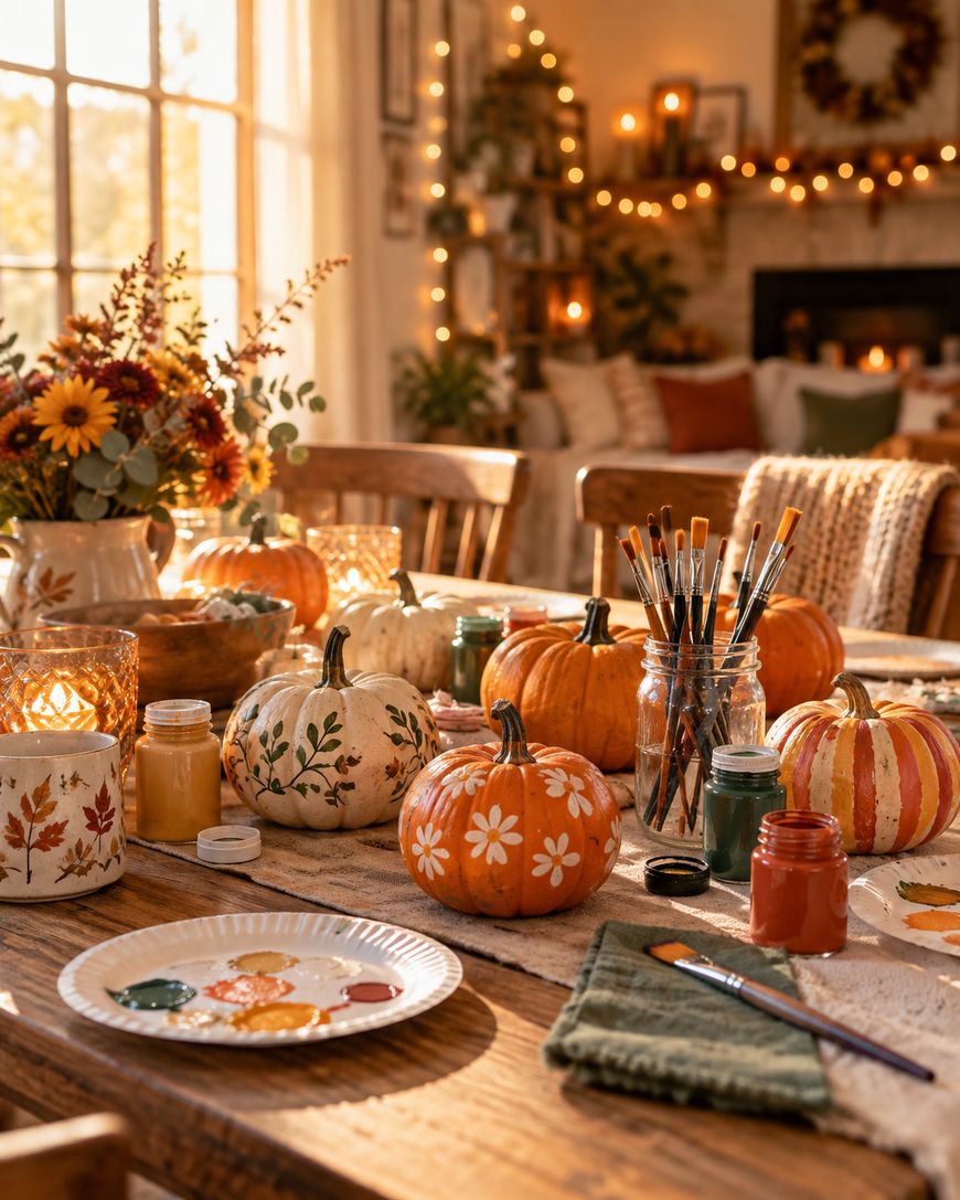 A cozy autumn room with a table set for pumpkin painting. Painted pumpkins, paint jars, brushes in jars, a paint palette, and autumn flowers decorate the scene. Warm lights and fall decor create a festive atmosphere.