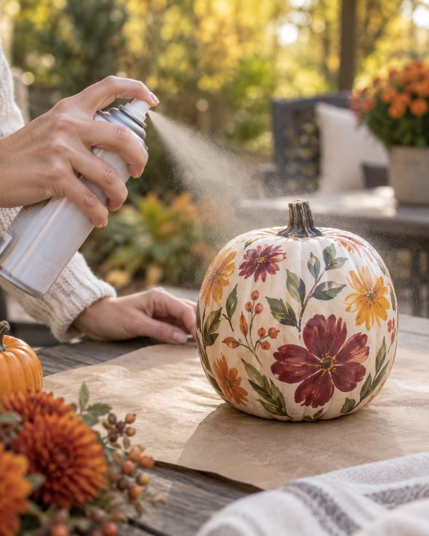 A fall-themed table with mugs of apple cider, cookies, pumpkins, flowers, and autumn leaf-patterned linens, set for an outdoor gathering.