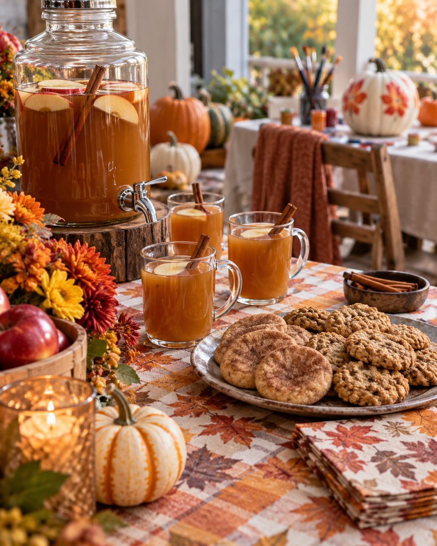 A large pumpkin painted with colorful flowers sits on a wooden table surrounded by paintbrushes, paint palettes, small pumpkins, a candle, autumn leaves, a paper towel roll, and a glass of water with brushes.