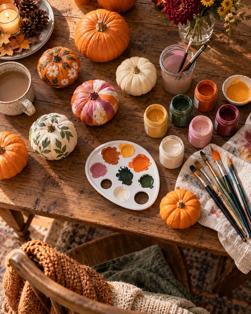A wooden table with pumpkins, some painted with flowers, paint jars, brushes, a palette with paints, a cup of coffee, autumn leaves, and a cozy knit blanket draped over a chair.
