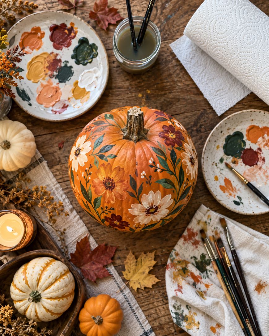 A person paints gold dots on a black pumpkin using a small brush. Autumn leaves, pumpkins, and a lit candle decorate the cozy table scene.
