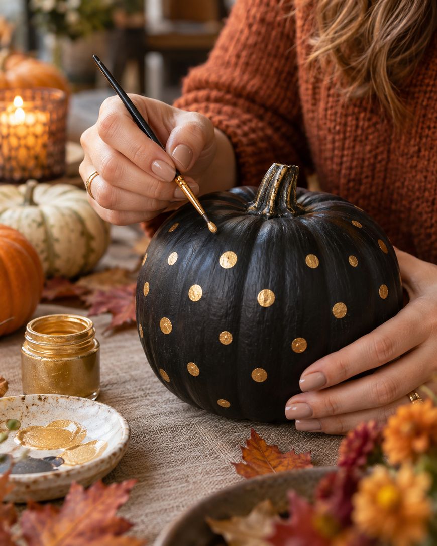 A person sprays a sealant onto a white pumpkin decorated with colorful flower designs. The pumpkin sits on brown paper outdoors, surrounded by autumn flowers and sunlight.