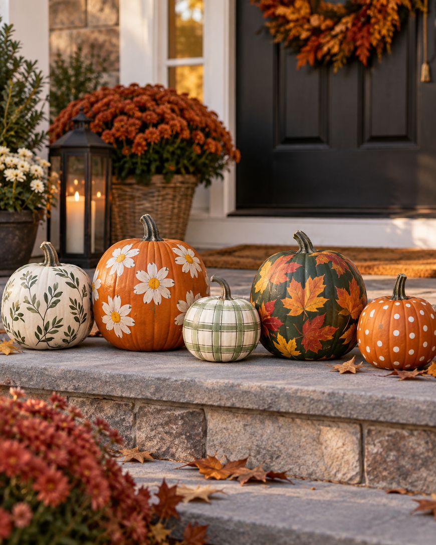 Five pumpkins with various painted patterns, including leaves, flowers, checks, and polka dots, are arranged on stone steps surrounded by autumn leaves and flowers in front of a decorated door.