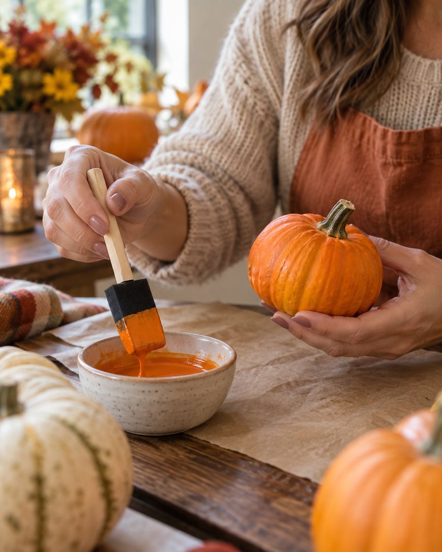 A person holds a small pumpkin in one hand and dips a foam brush into orange paint with the other, preparing to paint the pumpkin. Autumn decor and pumpkins are on the wooden table.
