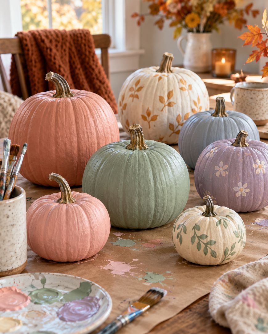 Seven pastel-painted pumpkins, some with floral designs, sit on a table covered with brown paper, paint, and brushes. Autumn decorations and warm light create a cozy, creative indoor fall scene.
