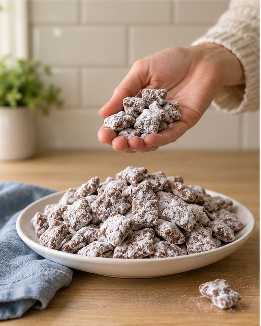 A hand holds a small pile of chocolate-covered snacks dusted with powdered sugar above a plate filled with more of the same treats, on a wooden table.