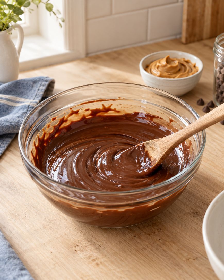A glass bowl filled with smooth chocolate batter is being stirred with a wooden spoon on a kitchen counter. In the background, there is a small bowl of peanut butter and a jar of chocolate chips.